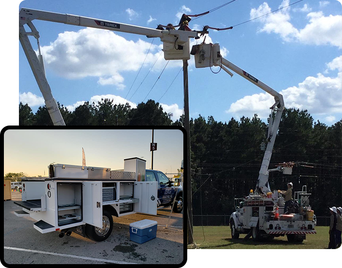 A picture of an electrical work truck and the same photo.